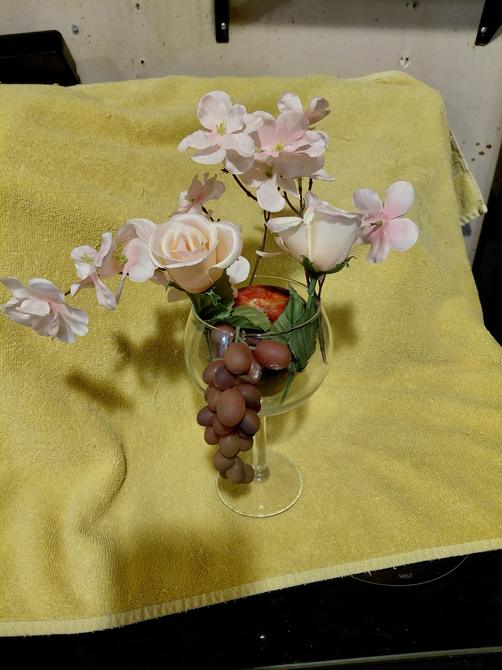 Blush Pink Faux Rose and Blossom Arrangement in Clear Wine Glass